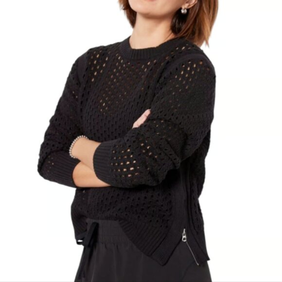 Varley Hains Open Weave Black Mesh Knit Cotton Crew Pullover Moto Zipper sz S - Picture 1 of 13